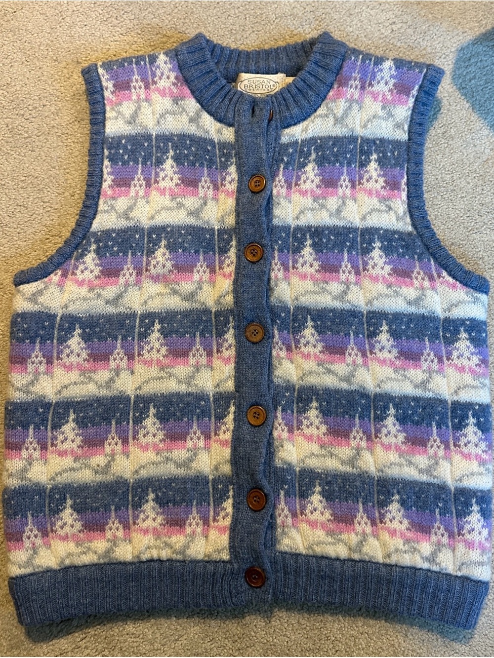 Susan Bristol Vtg Winter Theme Wool Knit Thick Button-Front Sweater Vest